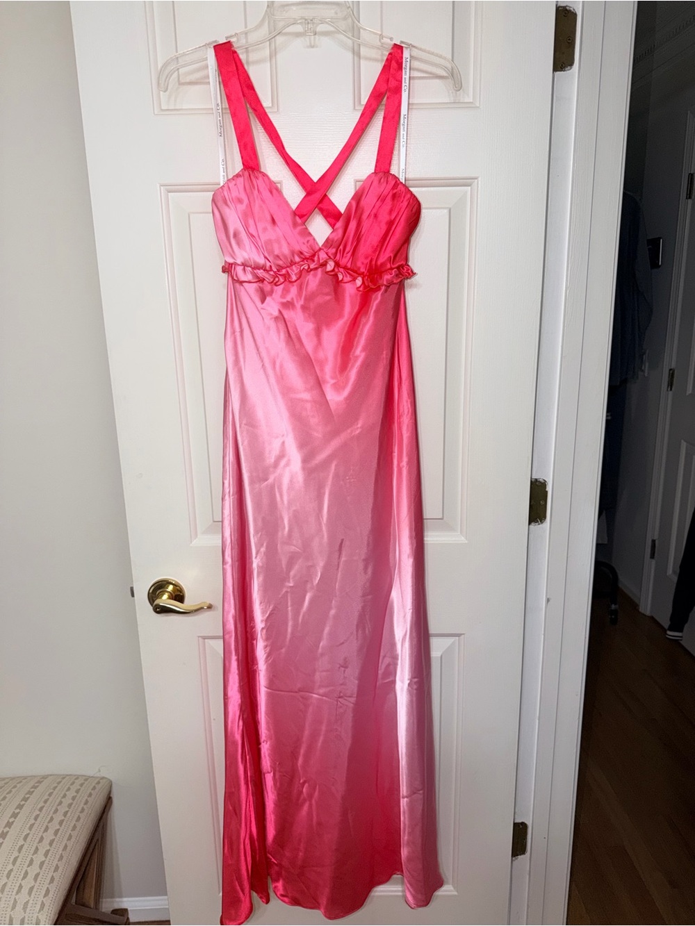 Morgan & Co. Pink Ombre Satin Maxi Dress with Crisscross Straps